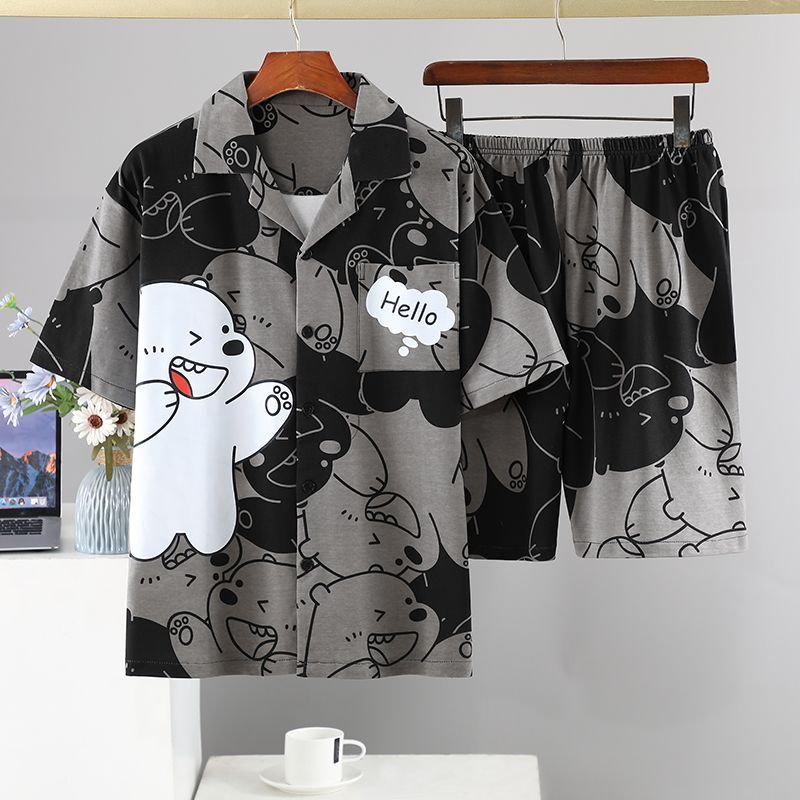 Pijamas masculinos calças de manga curta verão estilo fino estudante dos desenhos animados adolescente masculino Plus Si