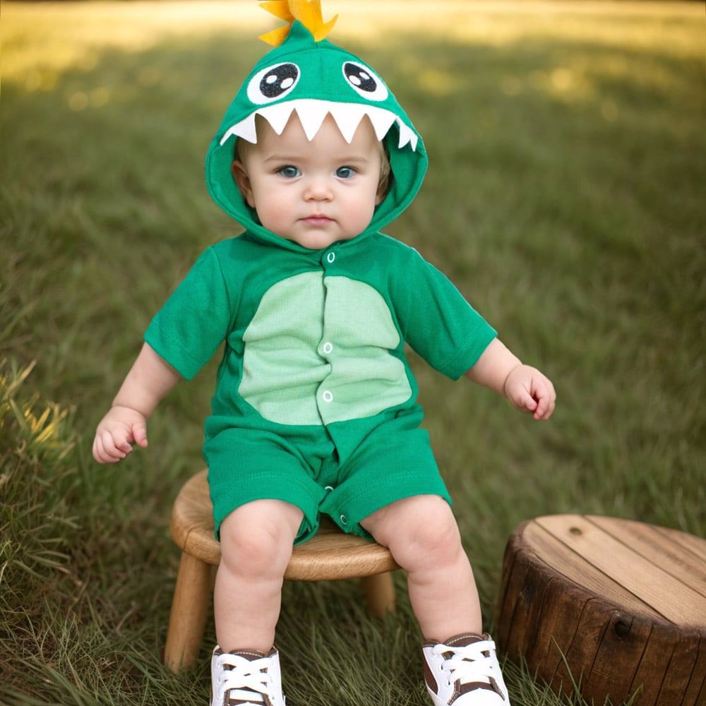 Macacão De Bebê Curto Com Capuz Bichinhos Bordado Dino Verde em Oferta na Shopee