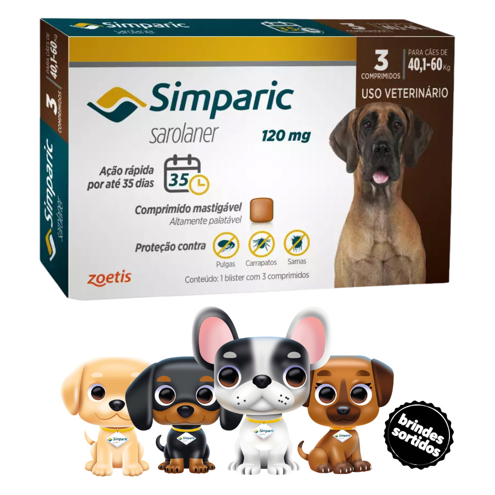 Simparic Antipulgas e Carrapatos 120mg Para Cães de 40,1 a 60kg 3Comprimidos+Surpresa em Oferta na Shopee