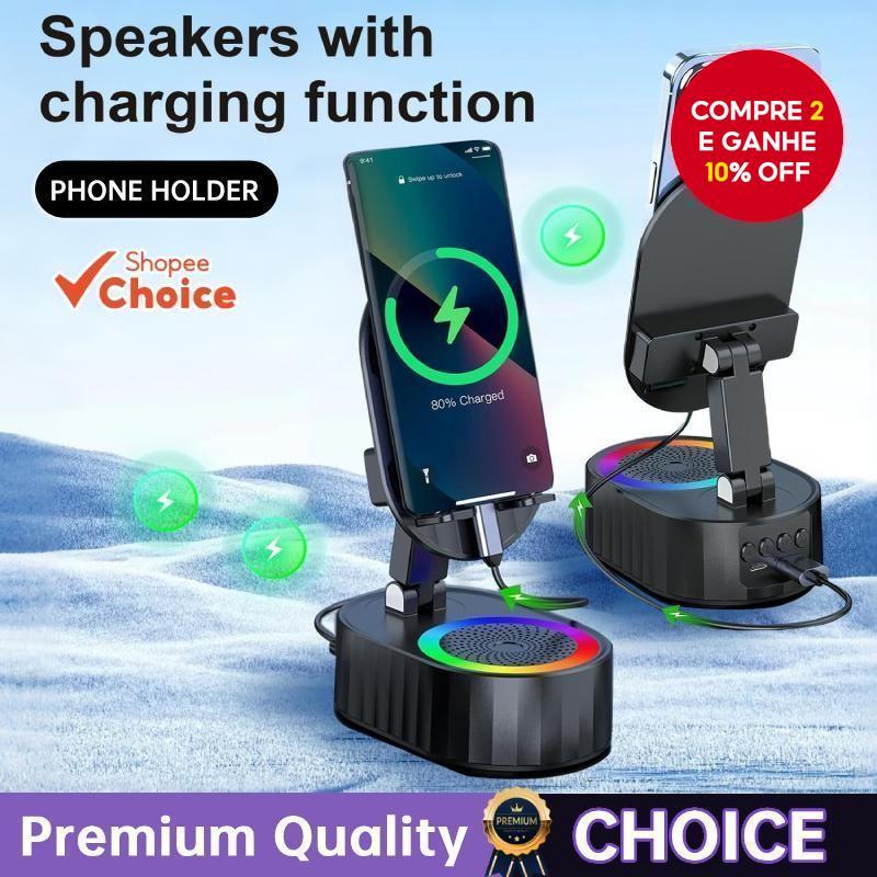 Suporte Para Telefone De Mesa Com Alto-Falante Bluetooth Sem Fio De Indução E Função De Carregamento ﻿ Smartphone Luz RG