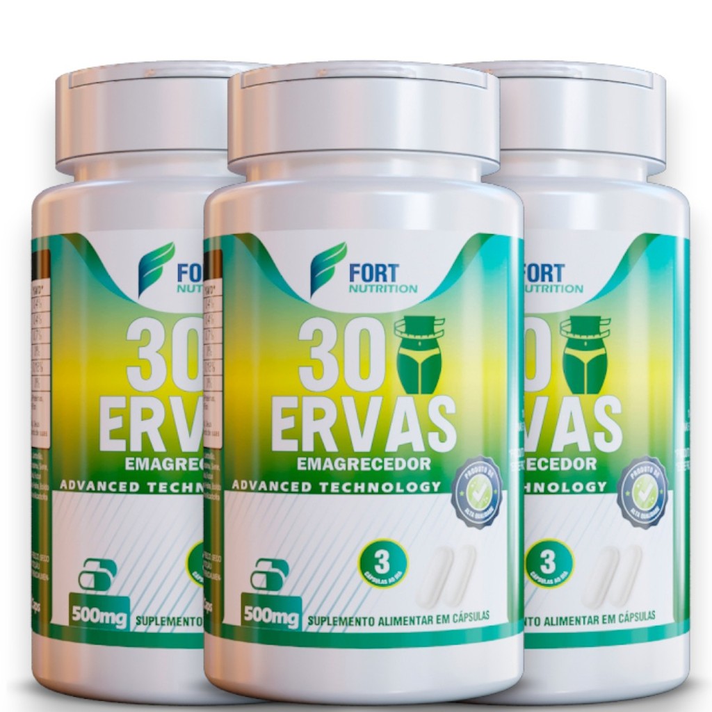 3 Potes Suplemento Natural 30 Ervas – Abacateiro, Chá Verde, Carqueja, Chapéu de Couro e Jambolão | 120 Cápsulas
