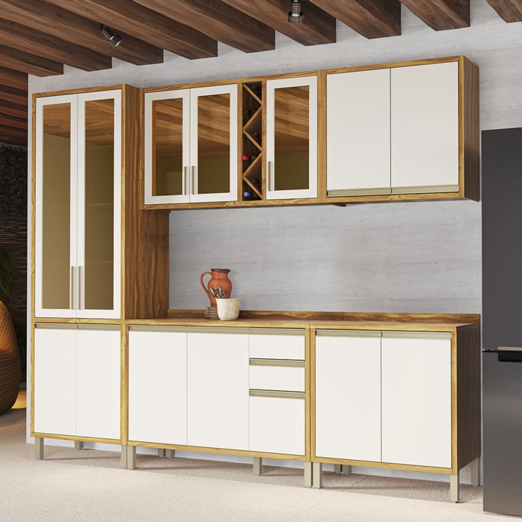 Armário Cozinha Balcão Tampo 13 Portas 3 Gavetas Pérola Premium 100% Mdf Vidro Reflecta Amêndoa/Off White - Pnr Móveis