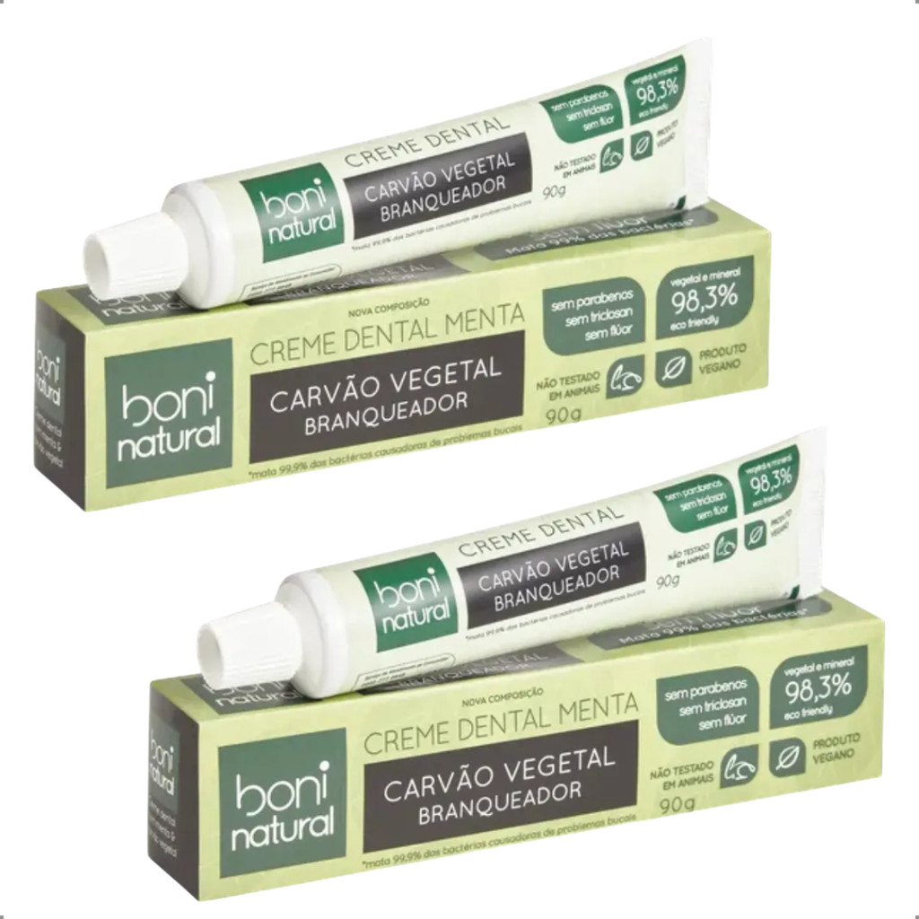 KIT 2 Creme Dental Branqueador Menta e Carvão Vegetal Boni Natural 90g em Oferta na Shopee