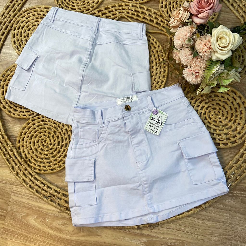 Saia jeans feminino 34 a 46 branco cargo cintura alta com lycra curto em Oferta na Shopee