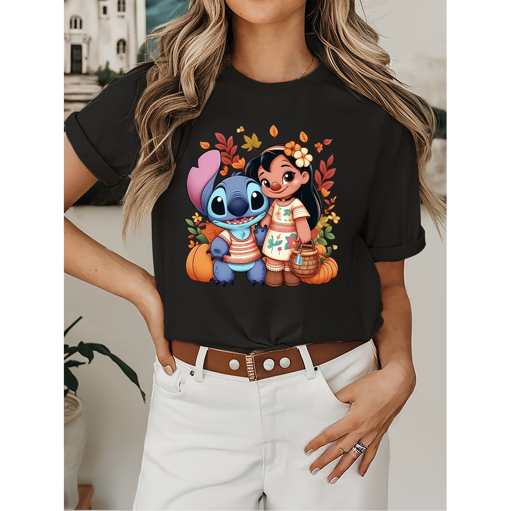 BR Moonlight Camiseta Feminina Disney Lilo Stitch Folhas Outono Abóbora Estampada Retrô Confortavel Divertida Versátil
