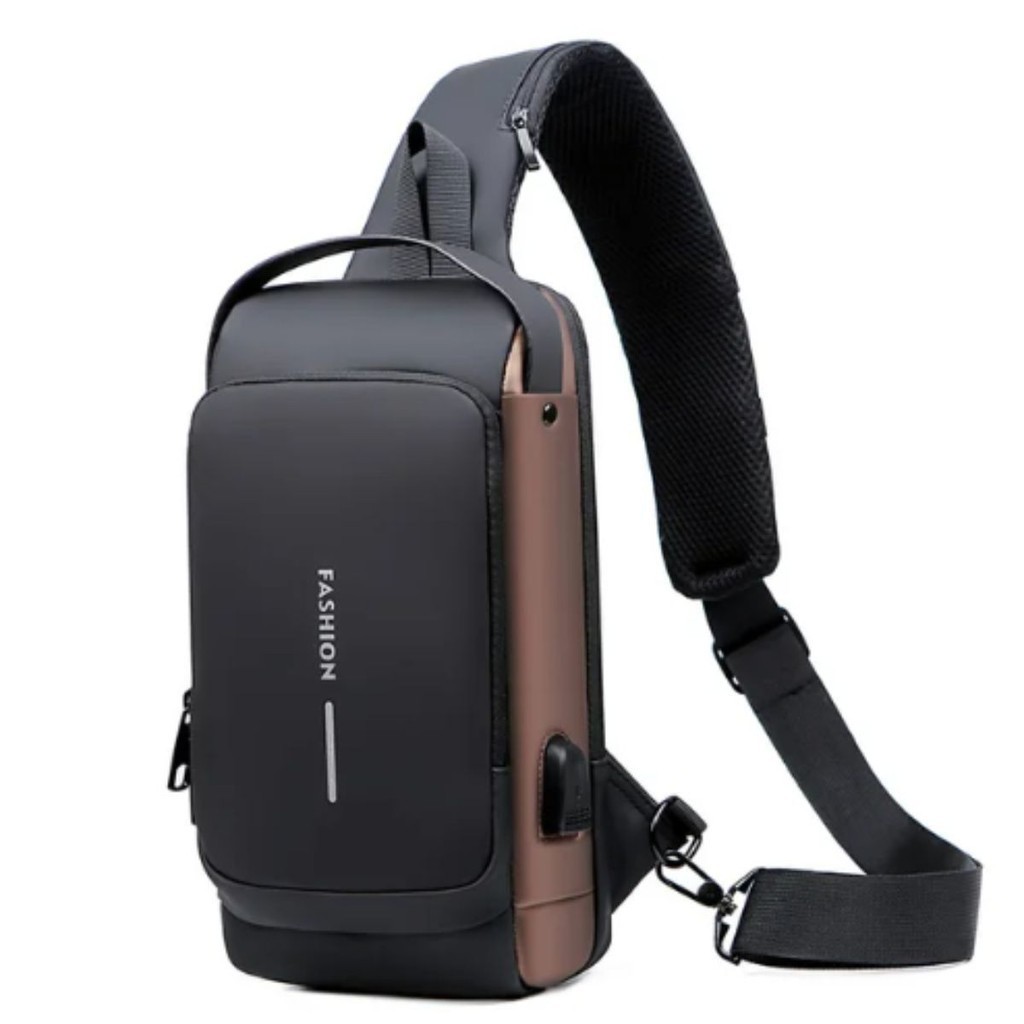 Mochila de Ombro Transversal Compacta Unilateral USB Trava de Código Á prova d'água FANG 240516#