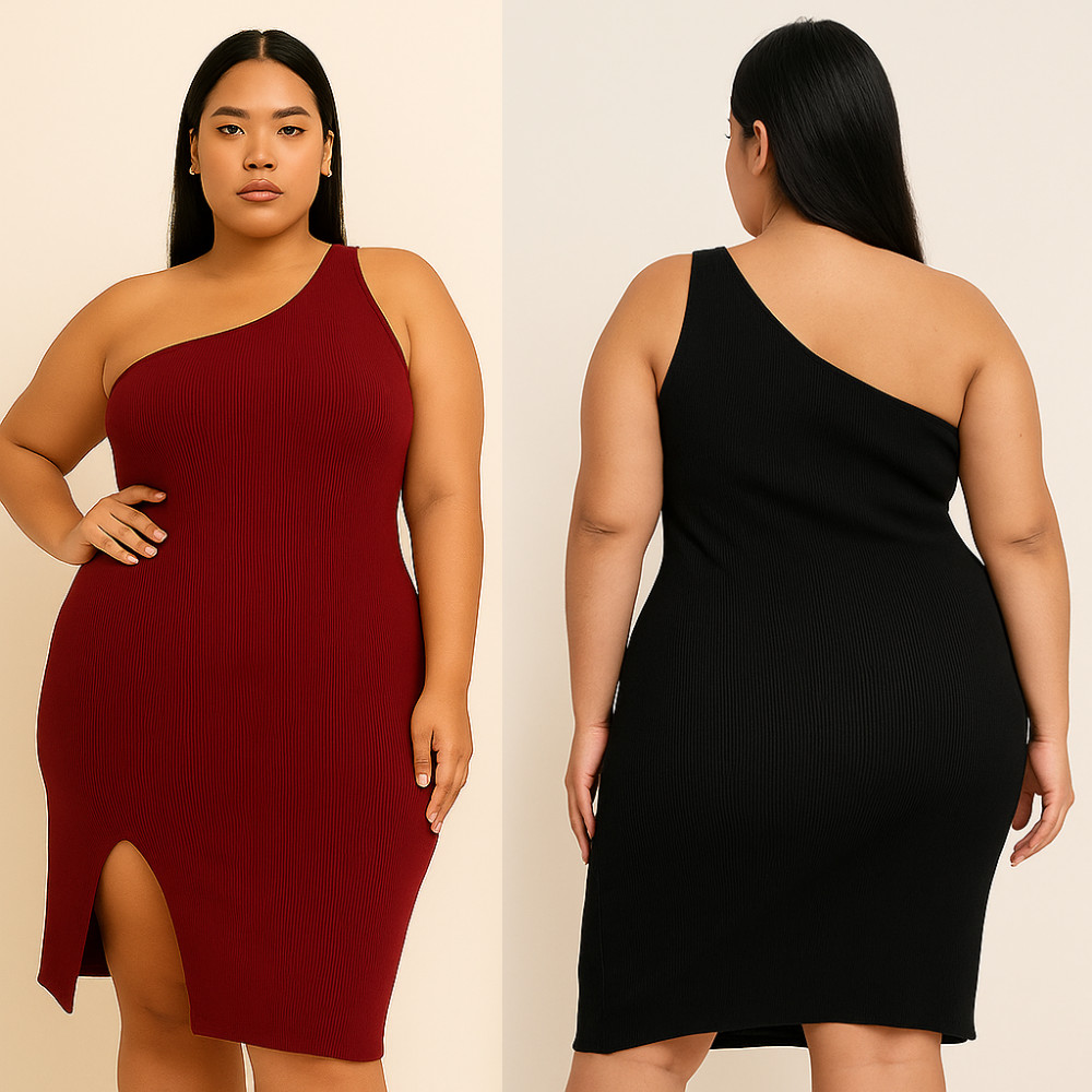 Vestido Feminino Plus Size Midi com Fenda Lateral Alça Regata Um Ombro Manga Nula Mula Manca GG ao G3 Canelado