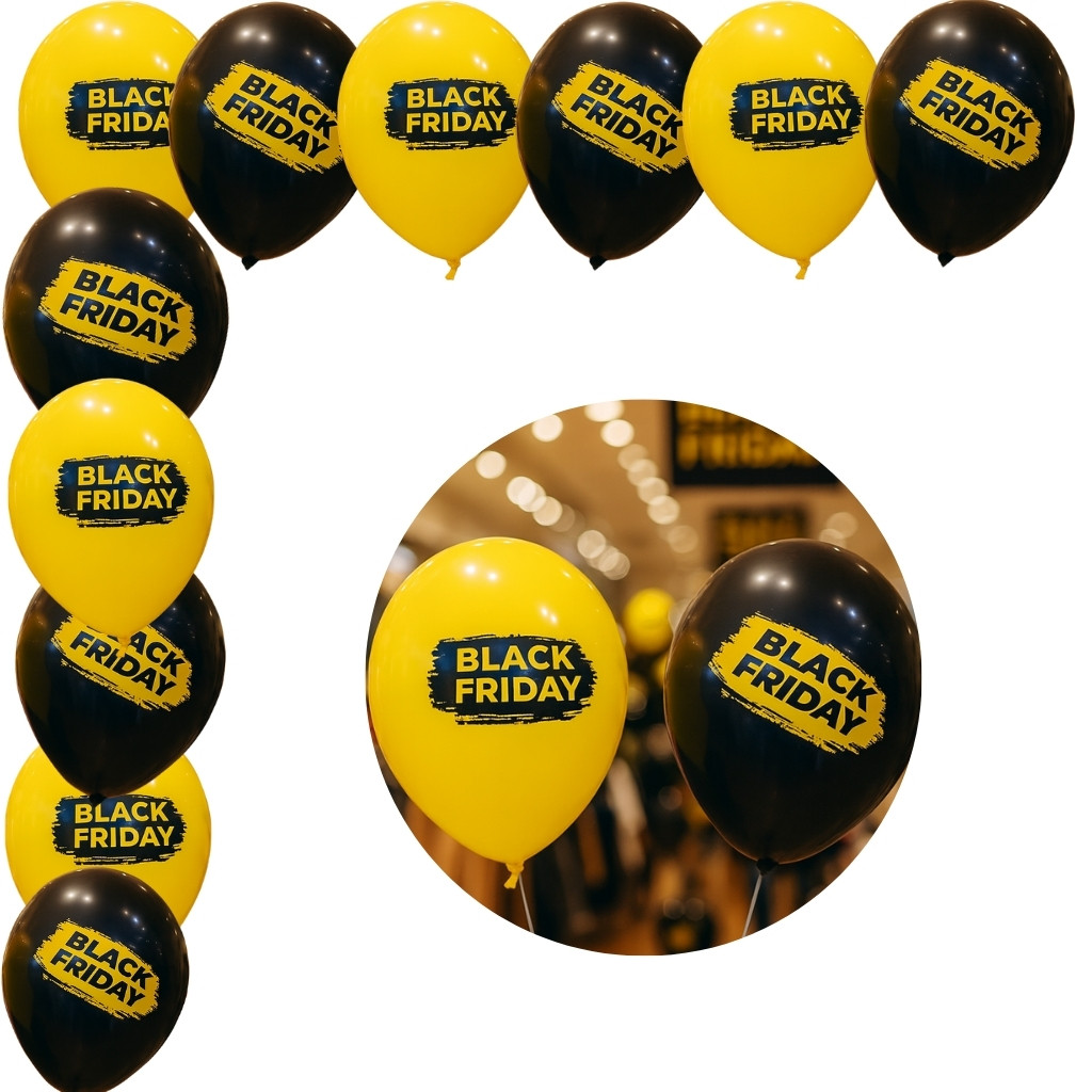 Detalhes do 50 BALAO BLACK FRIDAY PRETO E AMARELO 11 POL HAPPY DAY (IBB)