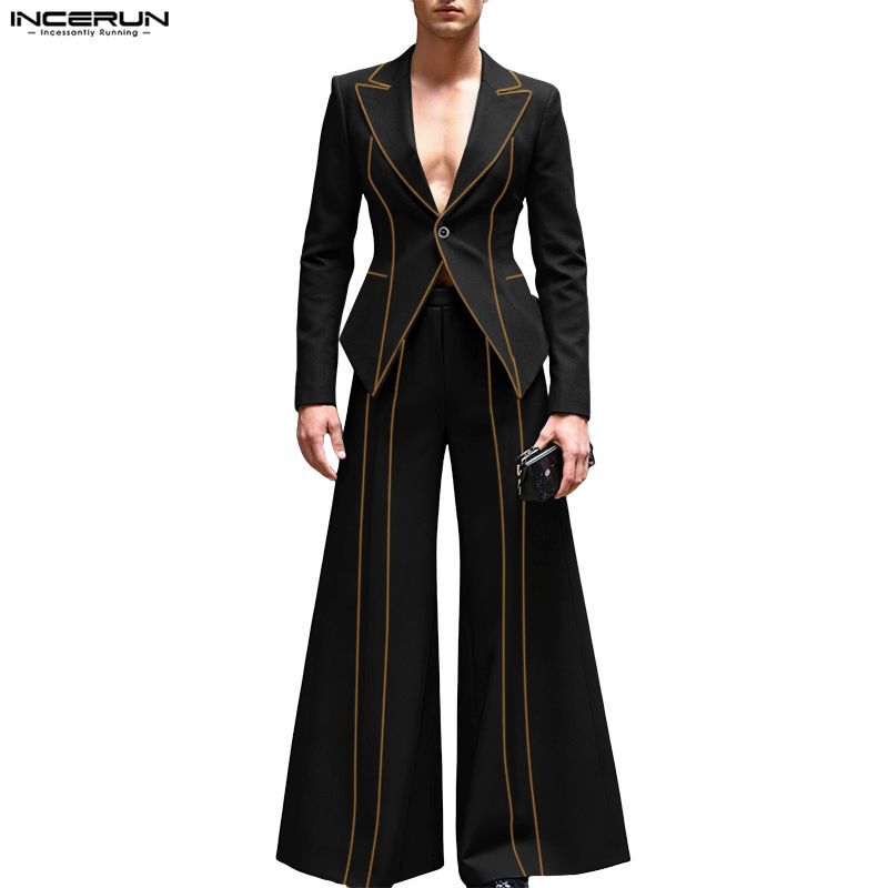 INCERUN Masculino Vintage Elegante Festa Lapela Manga Comprida Botão Até Perna Larga Contraste Linha 2 Peças Ternos
