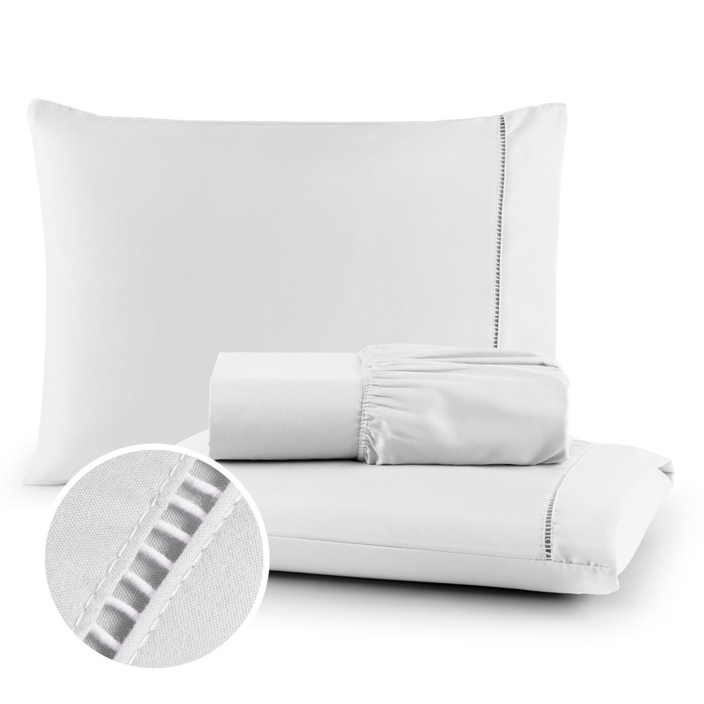 Jogo De Cama Lençol Ponto Palito 400 Fios com Fronhas em Micropercal