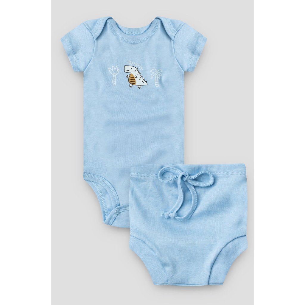 Conjunto Body e Tapa Fralda Curto Bebê Menino Azul Bebê Estampa Dinossauro 100% Algodão Ribana