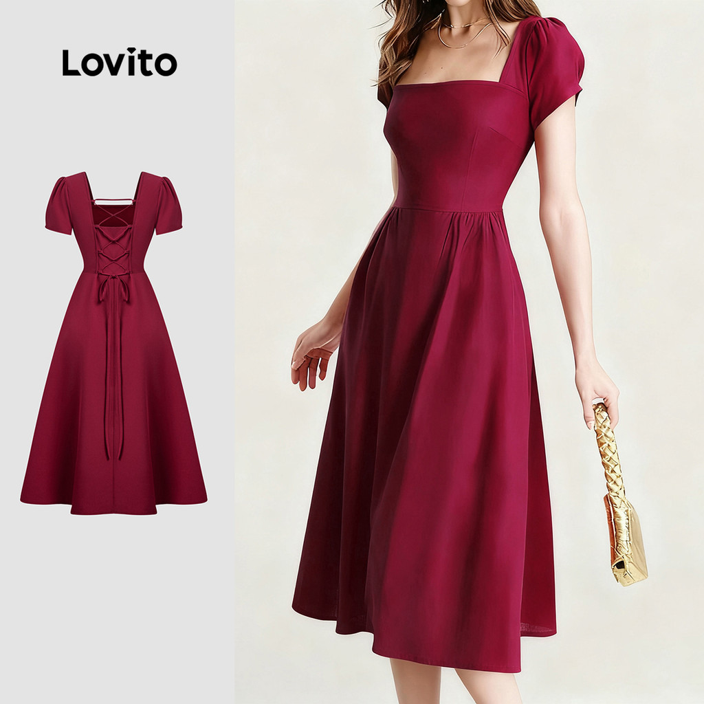 Lovito Vestido Elegante com Laço Nas Costas para Primavera/verão Vestido Claret para Mulheres L155ED869 em Oferta na Shopee