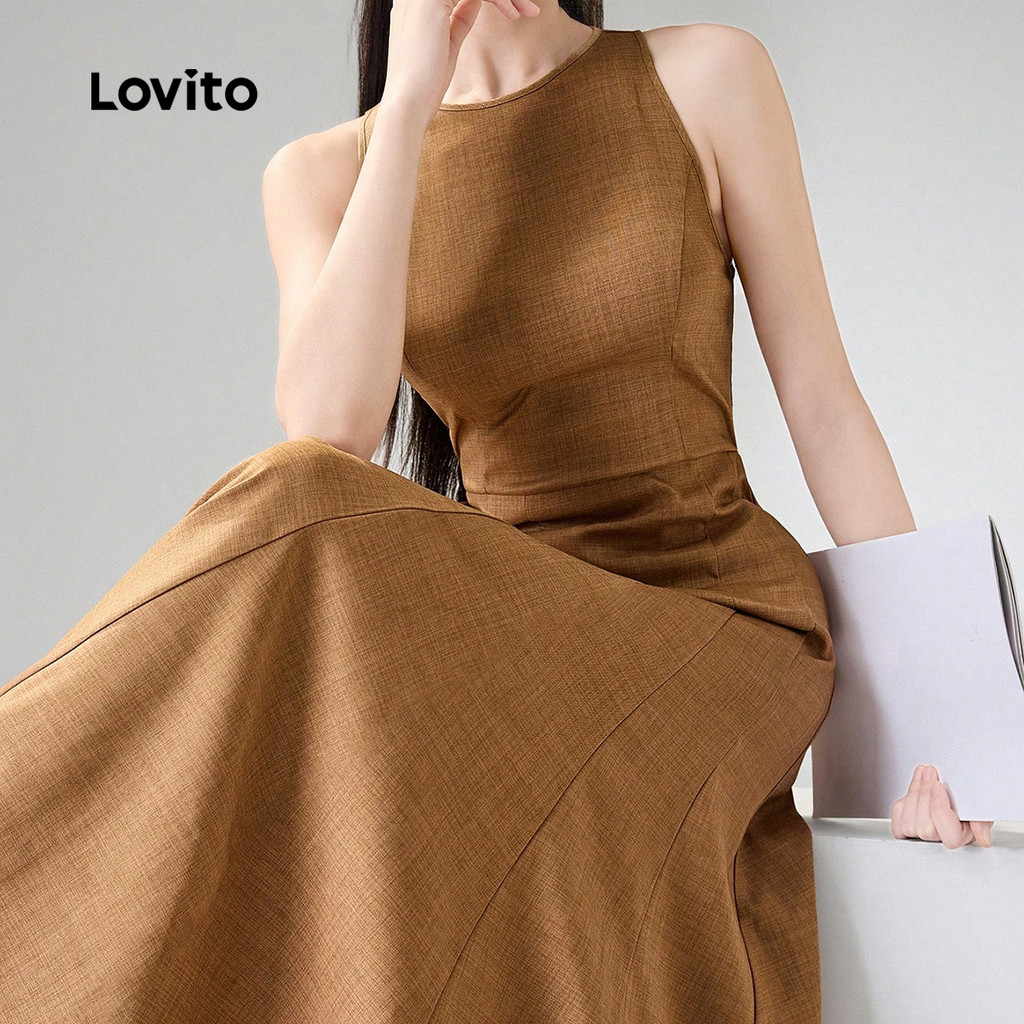 Lovito Vestido Elegante com Zíper para Primavera/verão Cor Caqui para mulheres L152LD072 em Oferta na Shopee