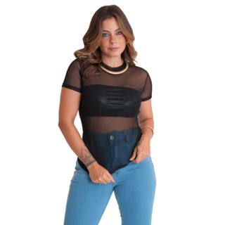 Blusa Tule Transparente Mangas Curtas em Oferta na Shopee