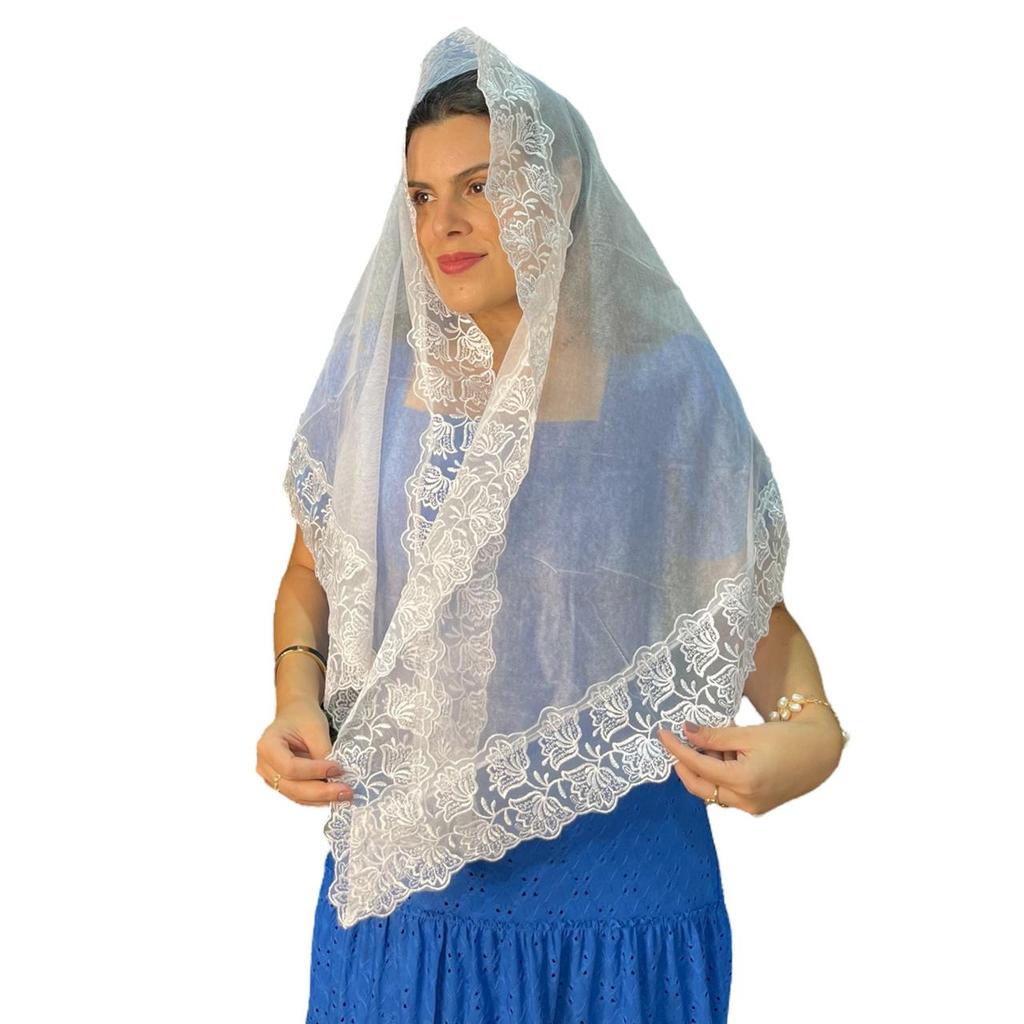Véu De Algodão Renda de Organza Flores  Redondo ou Quadrado 932 + Porta Véu Brinde