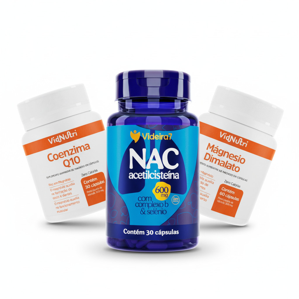 Kit NAC + MAGNÉSIO + COENZIMA Q10 Ubiquinona | NAC N Acetil Cisteina N-Acetilcisteína 600mg e Q10 Magnésio Dimalato