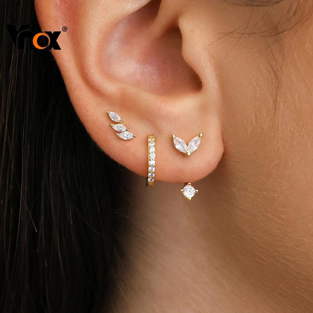 Conjunto De 3 Pares De Brincos Vnox Para Mulheres Em Formato De Grão De Trigo CZ Huggie Joias em Oferta na Shopee