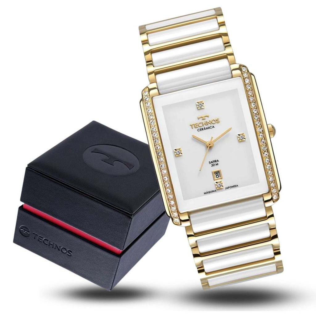Relógio Feminino Technos Cerâmica Safira Branco Dourado Luxo