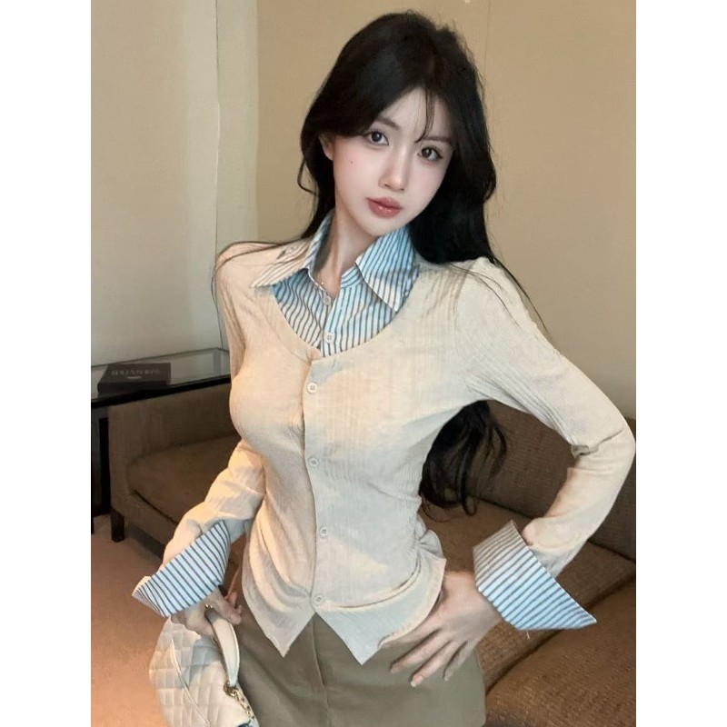 Francês High-End quente menina chique falso de duas peças topo feminino outono novo estilo fino-ajuste mais magro olhar 