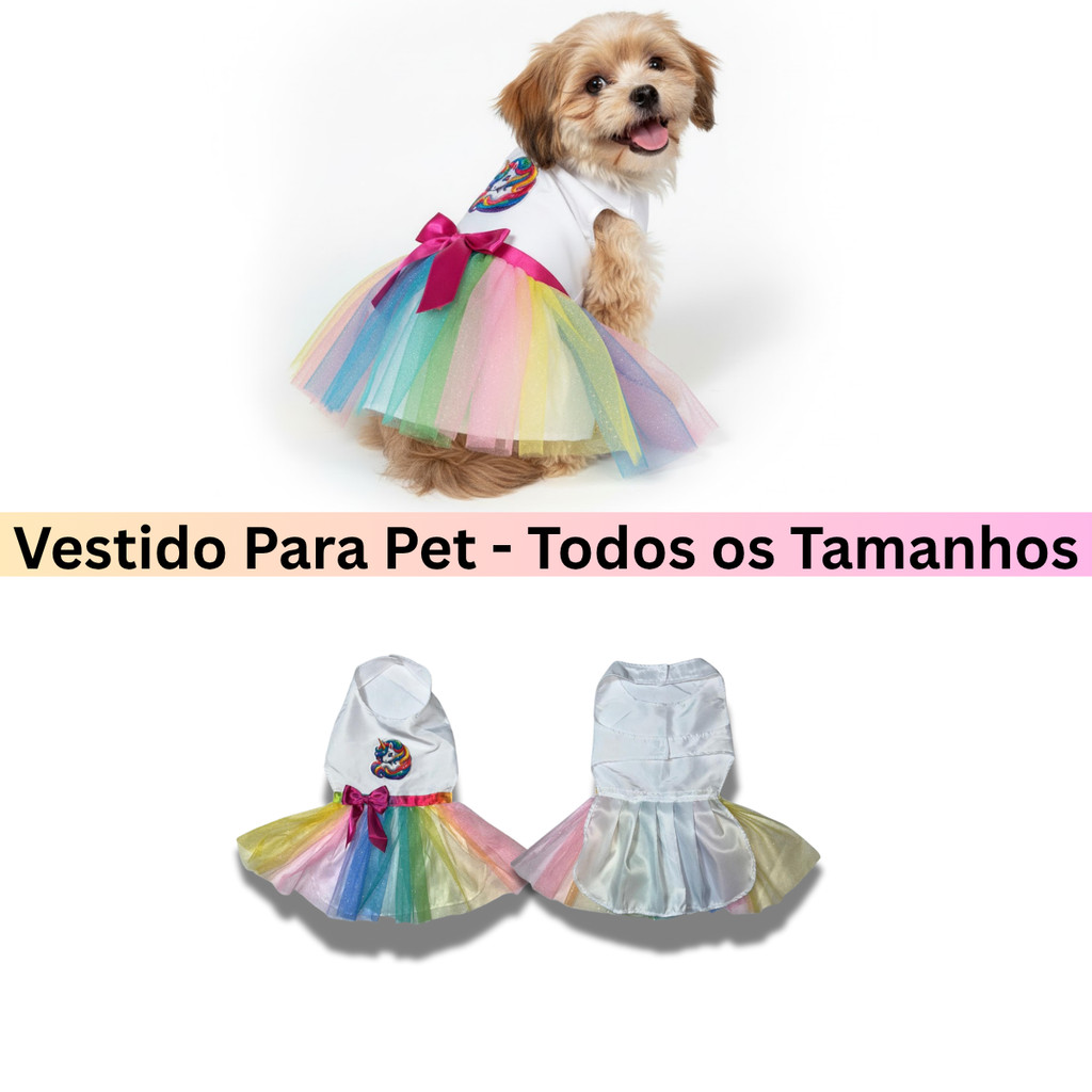 Vestido Pet Unicórnio Saia Tule Arco-íris Roupa Cachorro e Gato Fêmea