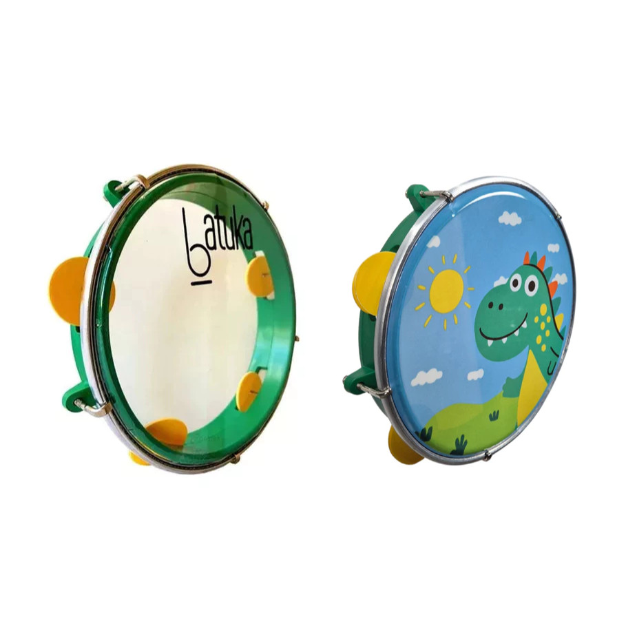 Kit Kids Pandeiro Infantil Luen 08 Pele Cristal Batuka Verde + Pandeiro luen Dino Verde Crianças