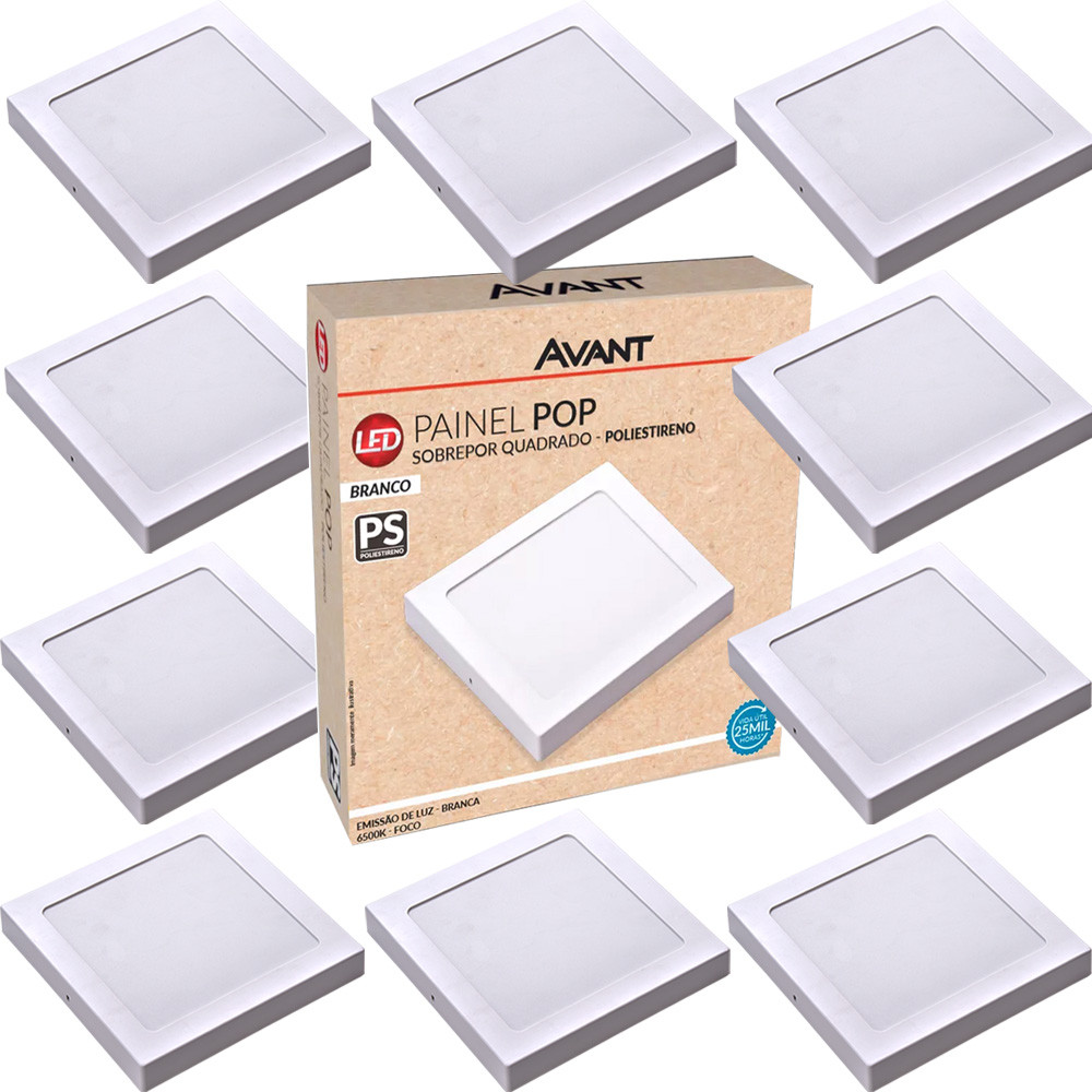 Imagem Kit 10 Painel Plafon Sobrepor Quadrado 12W Luz Branca 6500K Luminária de Gesso Forro Avant