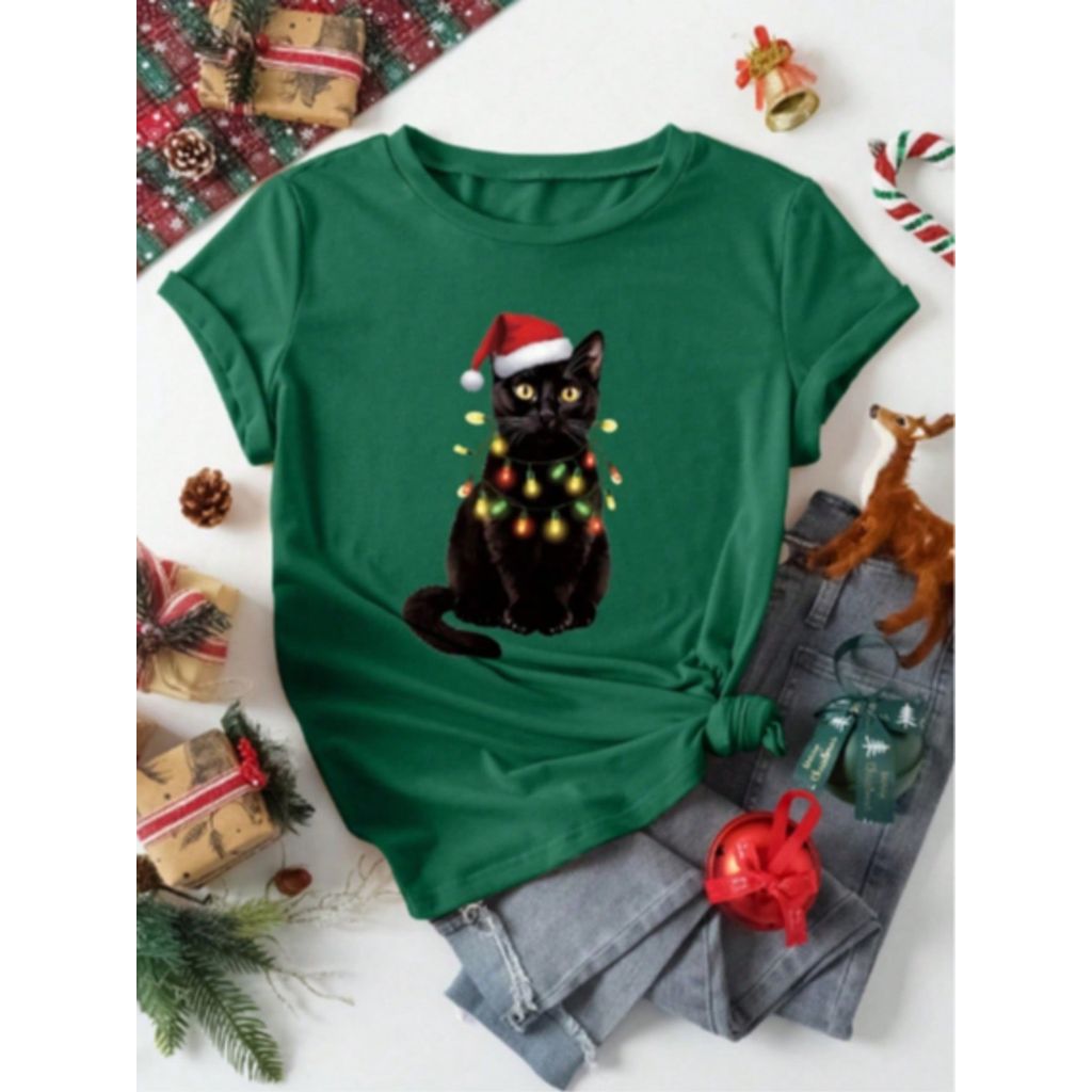 Blusinhas Camiseta Casual Natalina Gato Pisca Pisca Natal Presente Festa