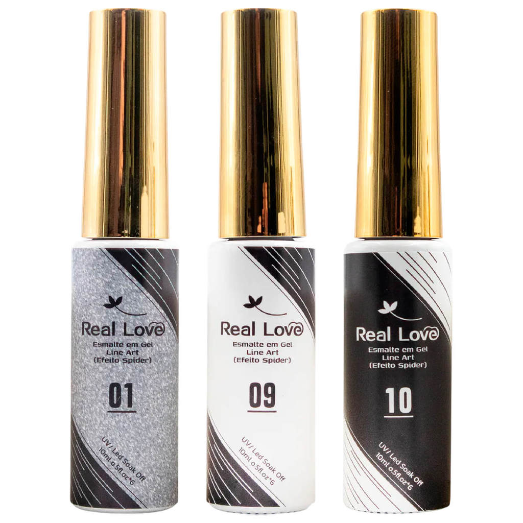 Kit 3 Esmalte em Gel Line Art Real Love Efeito Spider 10ml Preto Branco Prata Glitter Traço Fino