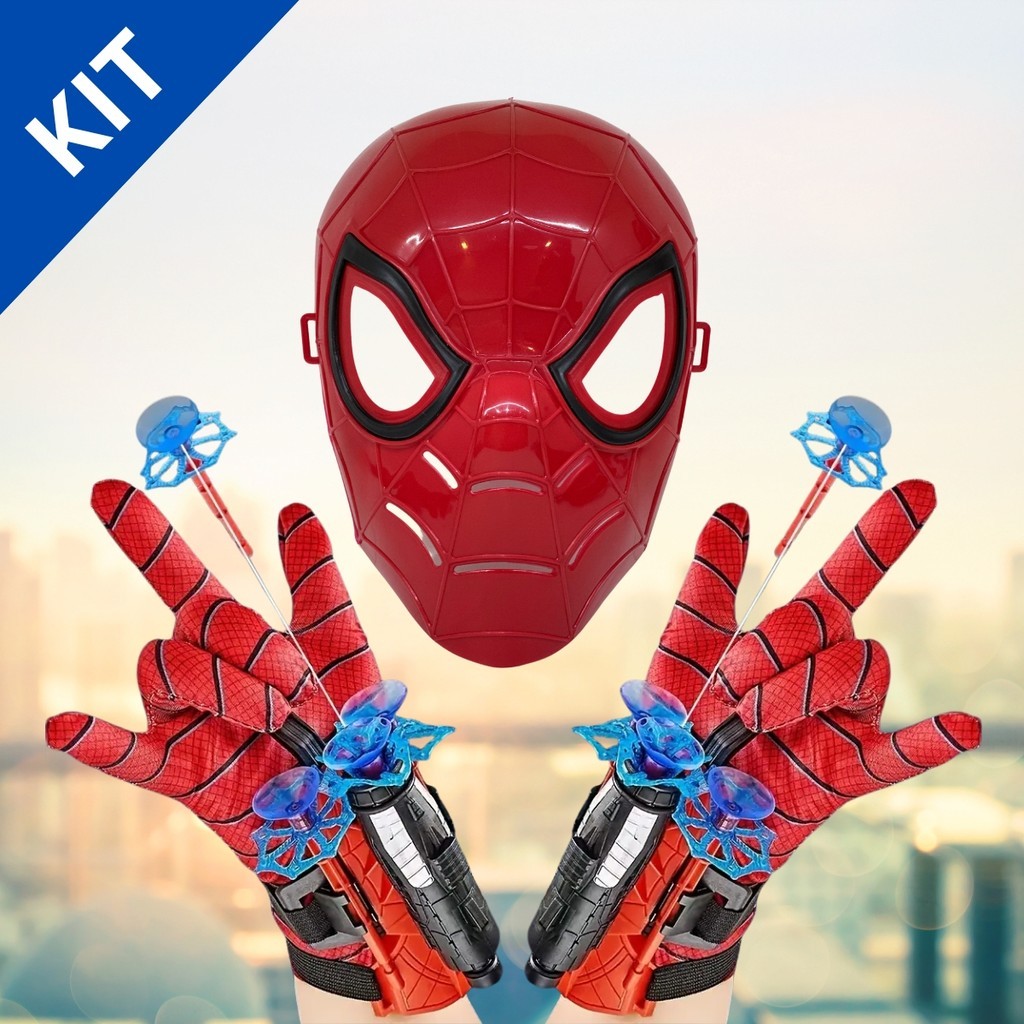 Kit Mascara + Luvas Homem Aranha Infantil Lançador de Teia Dardo Brinquedo