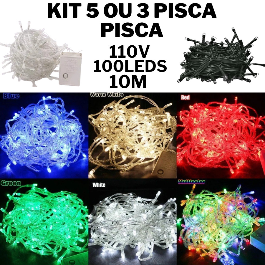 Kit 5 Ou 3 Caixa 100 Leds Pisca Fio Transparente Ou Verde 10M 110V 8 Funções Multicolorido Natalino