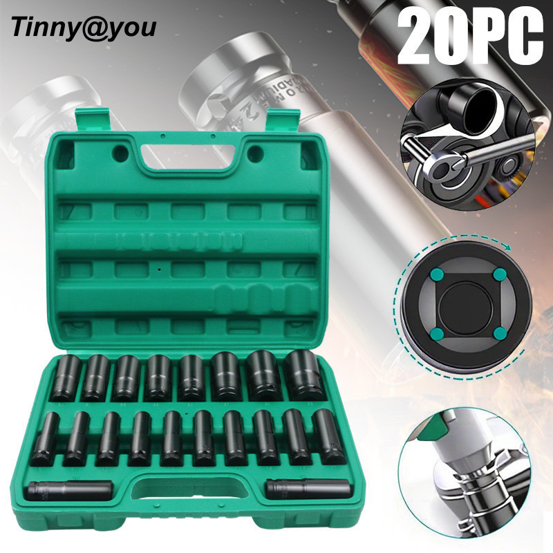 20 Peças 8mm a 32mm Jogo de Soquetes de Impacto Longo Aço Carbono Reforçado com Maleta Profissional