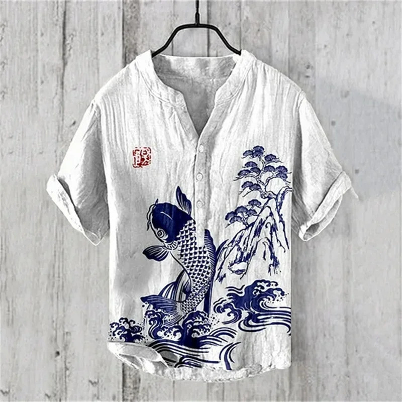 Camiseta Masculina De Verão Com Decote Em V Manga Curta Estampa Casual The Great Wave Off Kanagawa Camisa De Mistura De