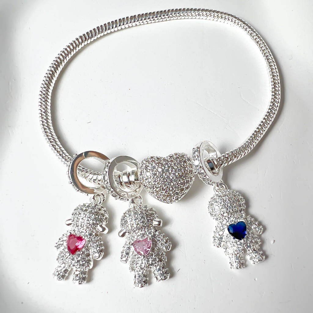 Pulseira Berloque Prata 925 Família Menino Menina Coração