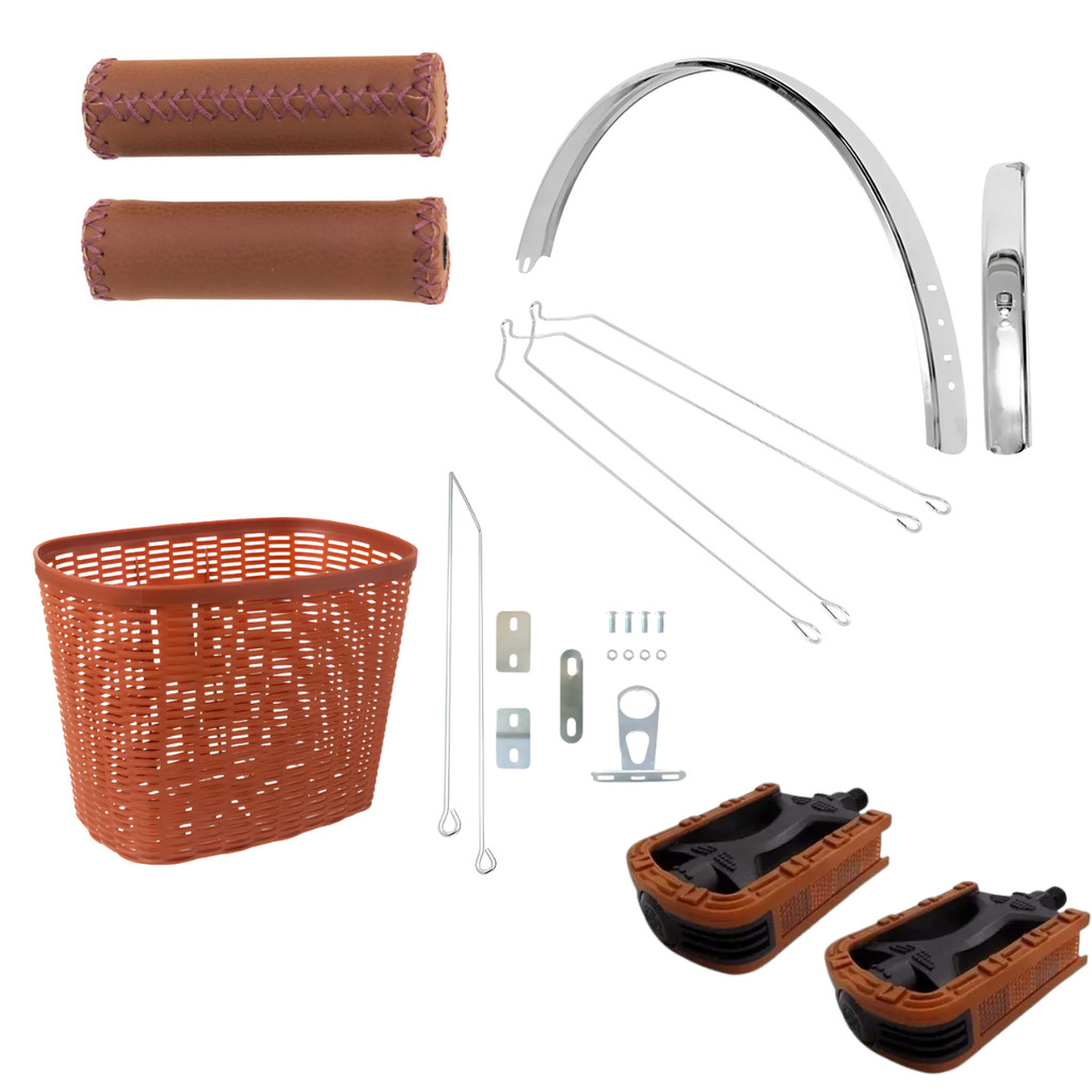 Kit retrô vintage para bicicleta aro 26 com cesta + Manopla + Pedal + Paralama sueco inox bike passeio urbana feminina.