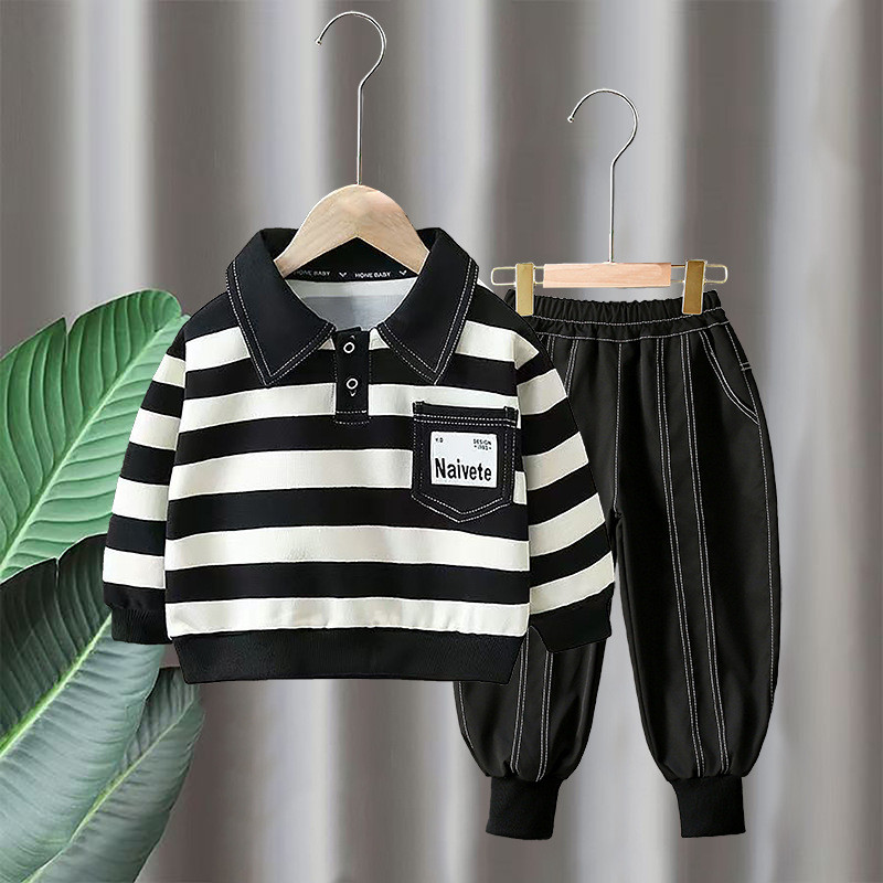 2025 Meninos Estilo Coreano Listrado Conjunto Com Capuz Roupa De Duas Peças Na Moda Casual Wear TikTok Viral