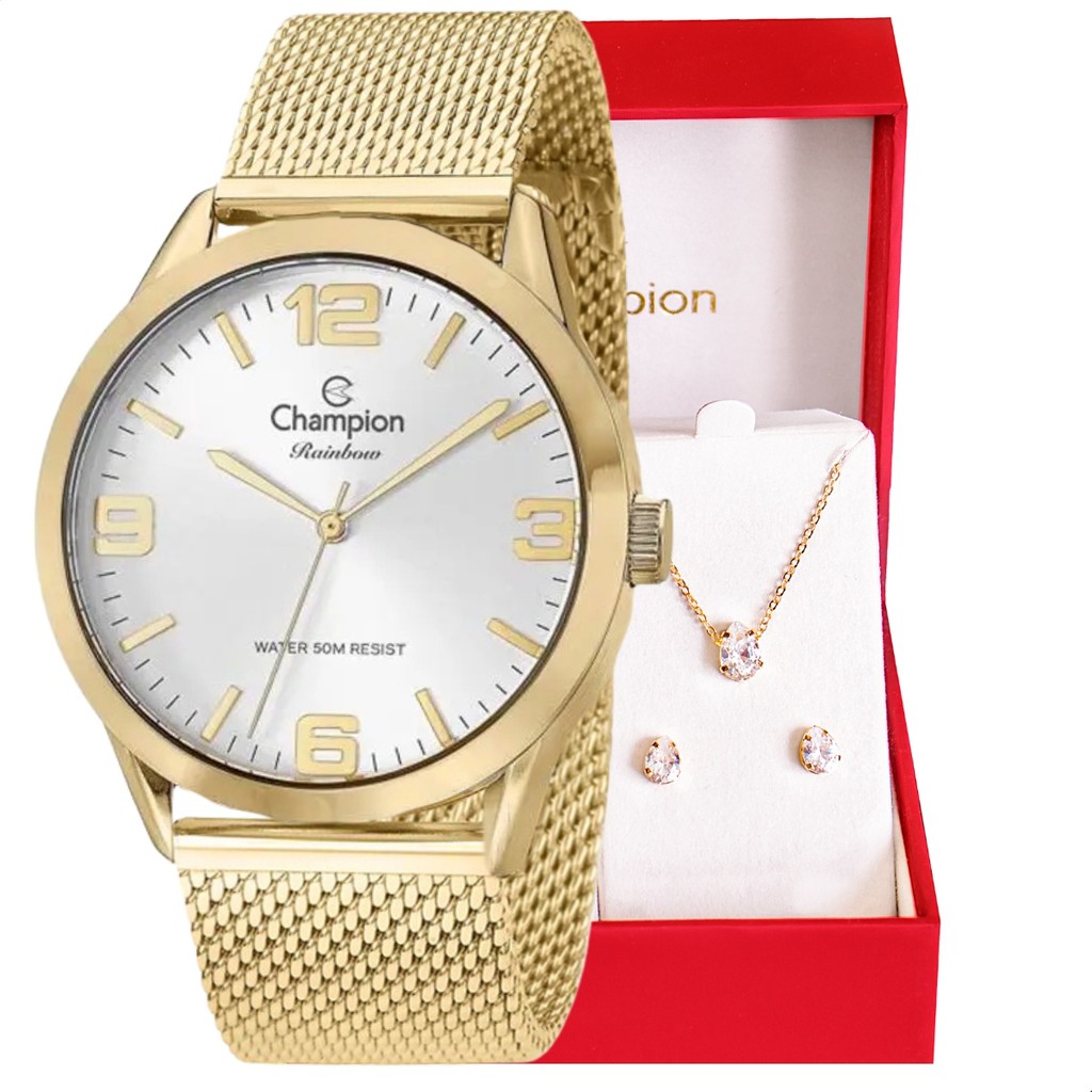 Relógio Champion Feminino Dourado Prova D´Agua + Kit de Brincos e Colar Garantia De Um Ano em Oferta na Shopee