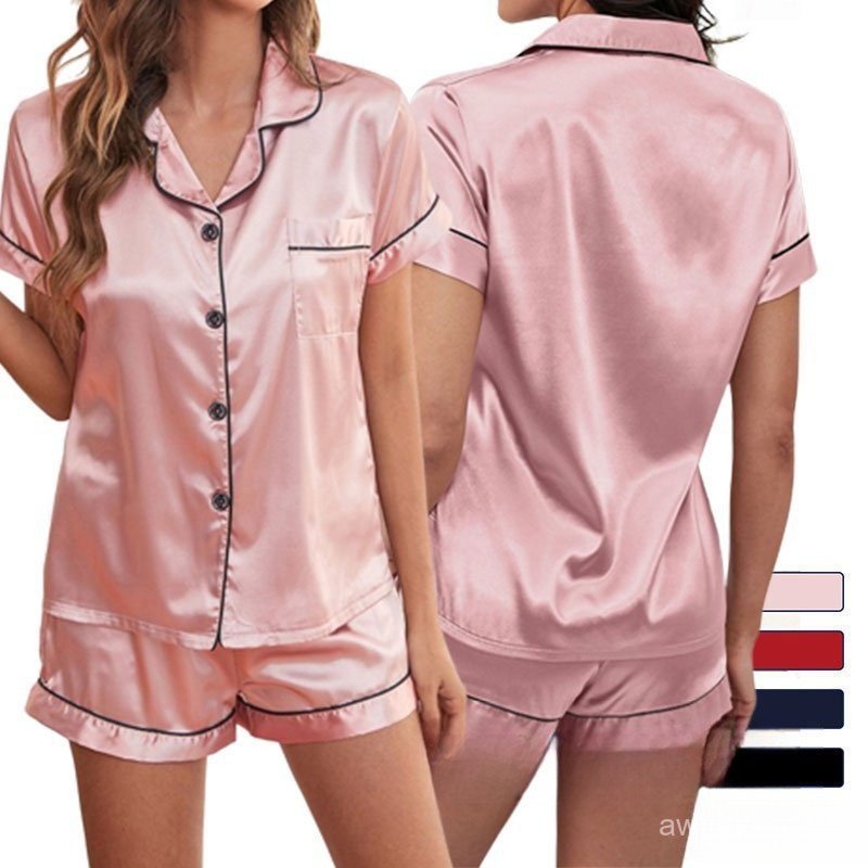 Joyjoy Conjunto de Pijama de Cetim Plus Size, Duas Peças, Camiseta de Manga Curta e Shorts, M-2XL