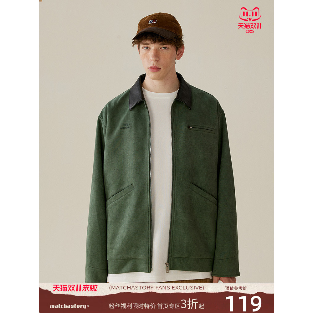 MATCHA STORY Retro Americano Camurça Falso Costura Lapela Jaqueta Bomber Masculina Moderna