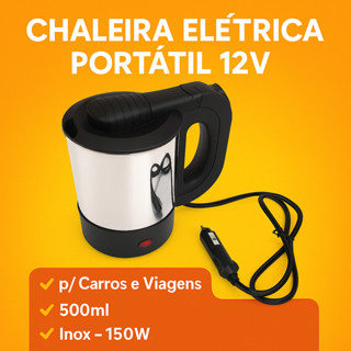 Chaleira Elétrica Portátil 12V p/ Carro 500ml – Inox, 125W, Veicular p/ Viagem e Camping em Oferta na Shopee