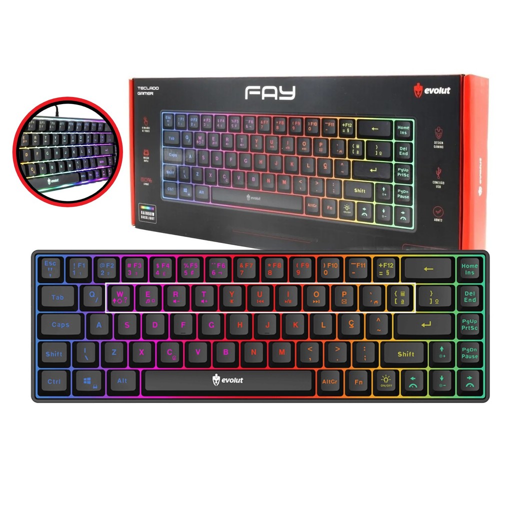 Teclado Gamer Evolut Fay Eg211 60% Backlight Luz Rainbow Rgb