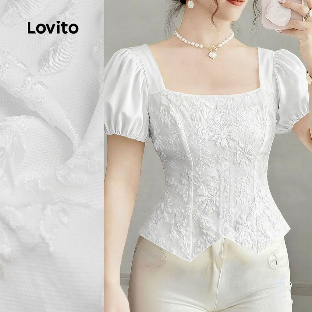 Lovito Blusa Casual de Botão com Fenda Primavera/verão Branca para Mulheres L159AD513 em Oferta na Shopee
