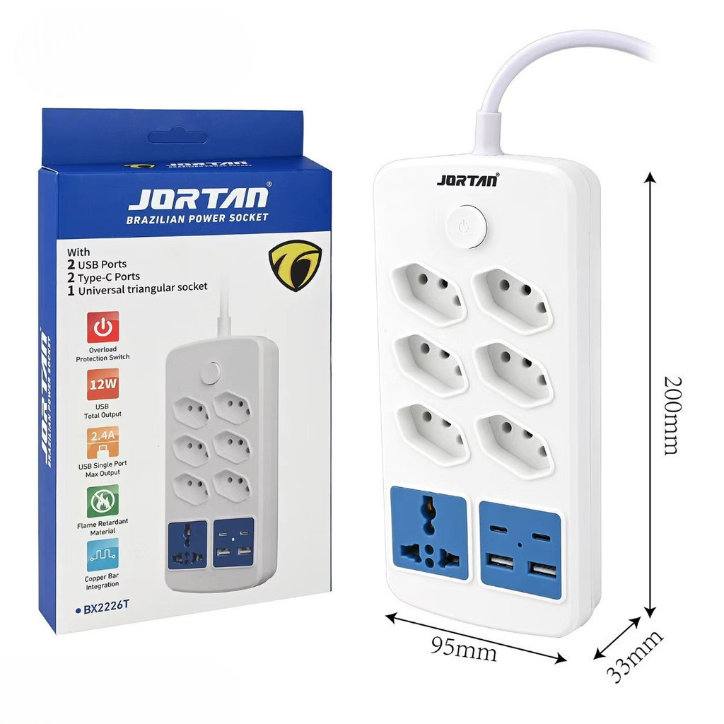 Extensão de Tomada 6 Entradas + USB e Type-C | 2500W | Com Proteção Contra Sobrecarga anjgg