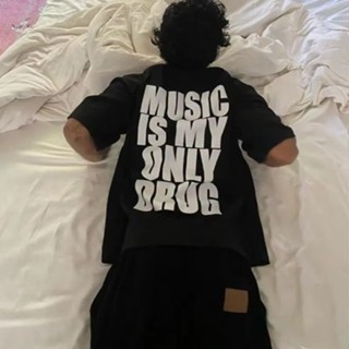 "música é minha única droga" diversão inglês camiseta de manga curta verão algodão manga curta na moda streetwear em Oferta na Shopee