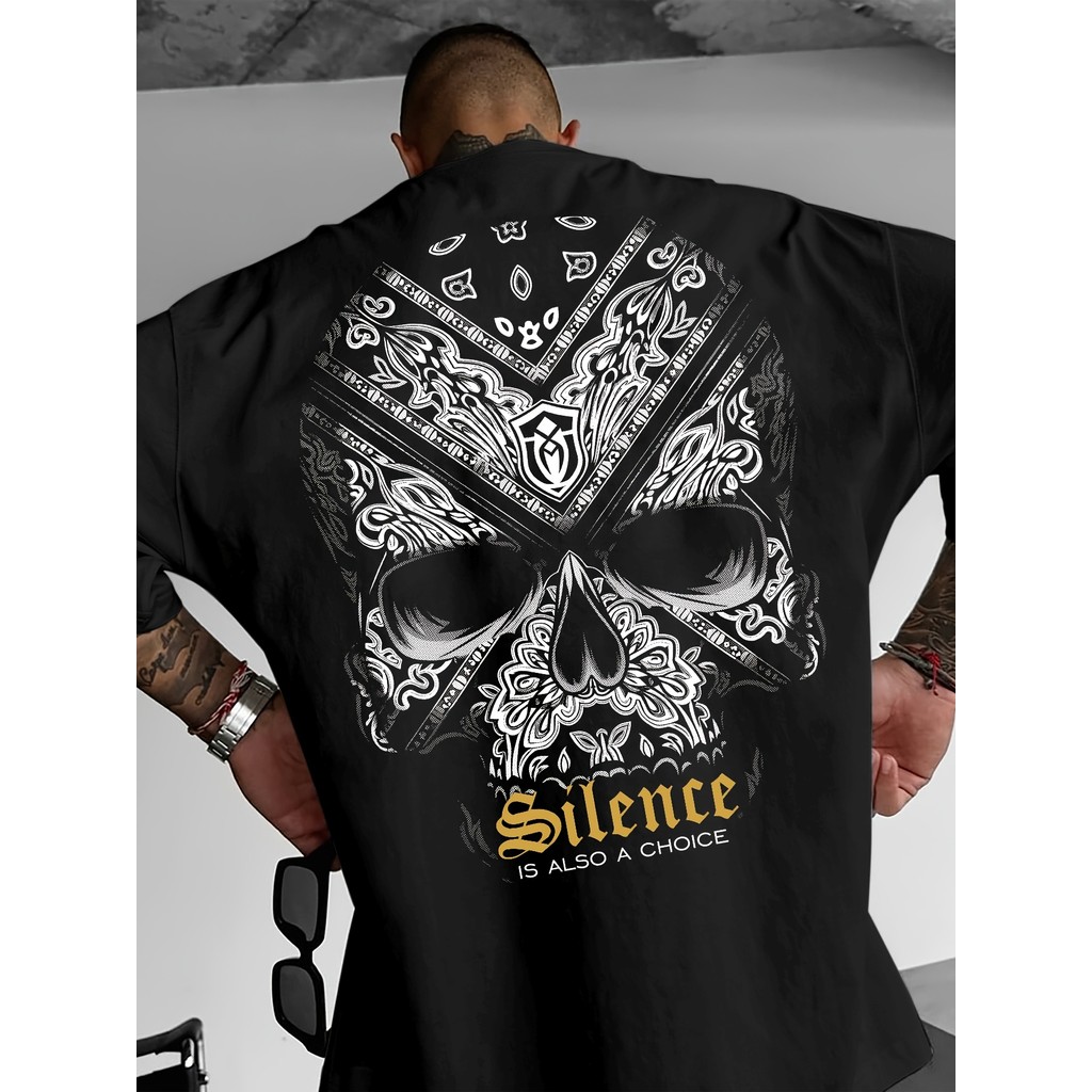 Camiseta Unissex Masculina e Feminina Gótico  "IS Silence" Caveira Costas Estampa Dourada Confortável Estilosa Moderna M