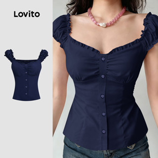 Lovito Blusa Elegante de Botão Frente Primavera/verão Blusa Marinho para Mulheres L154LD374 em Oferta na Shopee