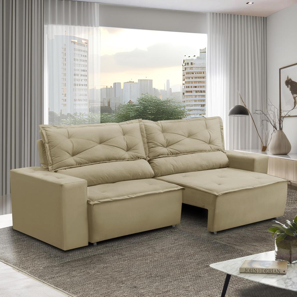 Sofá Retrátil e Reclinável 3 lugares com Molas 1,80m Livia Suede Bege Adonai Estofados em Oferta na Shopee