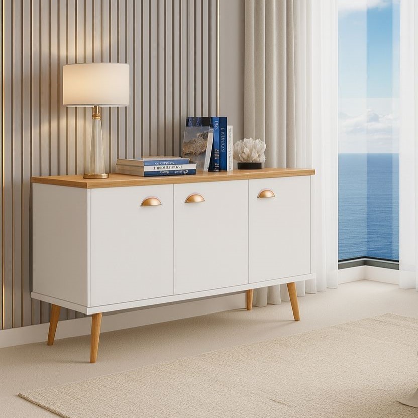Balcão Buffet Estilo Retrô Multiuso c/ 3 Portas, 1 Prateleira e Pés Palito - para Sala ou Escritório