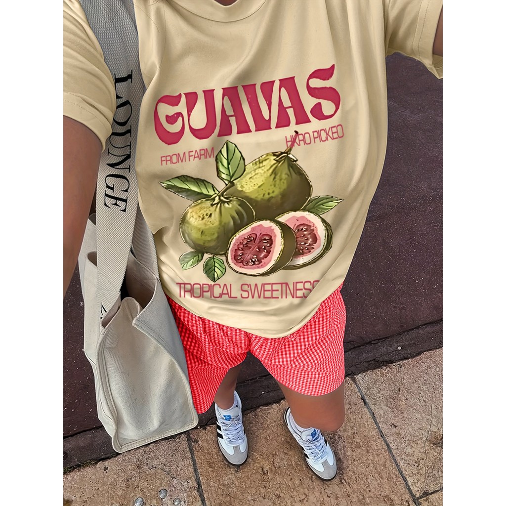 Camiseta Feminina T-shirt Estampada Guava Blusa Amarela Casual Verão, "From Farm to Pick”