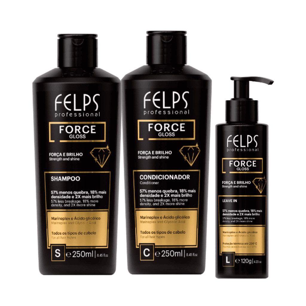 Kit Force Gloss ( Força e Brilho ) Shampoo 250ml + Condicionador 400ml + Leave-in 120ml - Felps Professional em Oferta na Shopee
