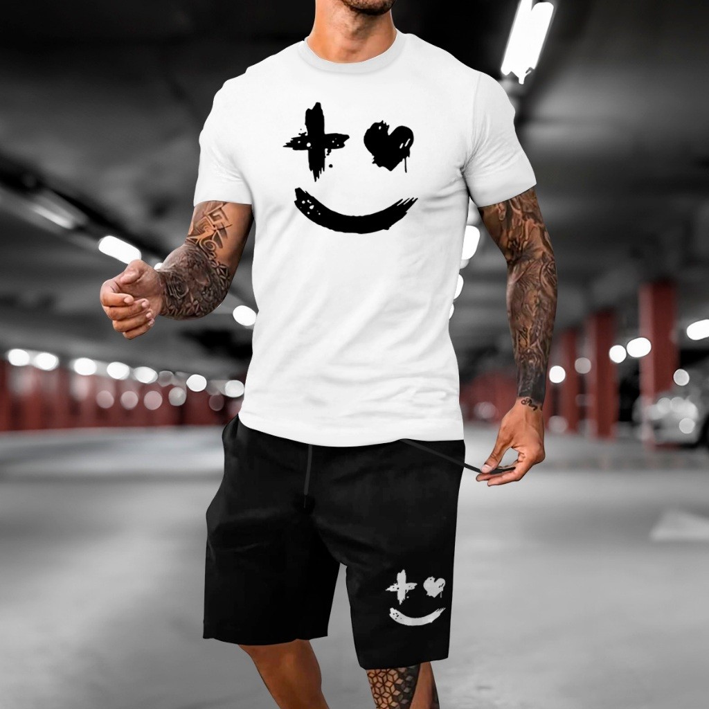 Kit Bermuda + Camiseta SORRISO AESTHETIC Camisa Basica Algodão Manga Curta Malha Premium